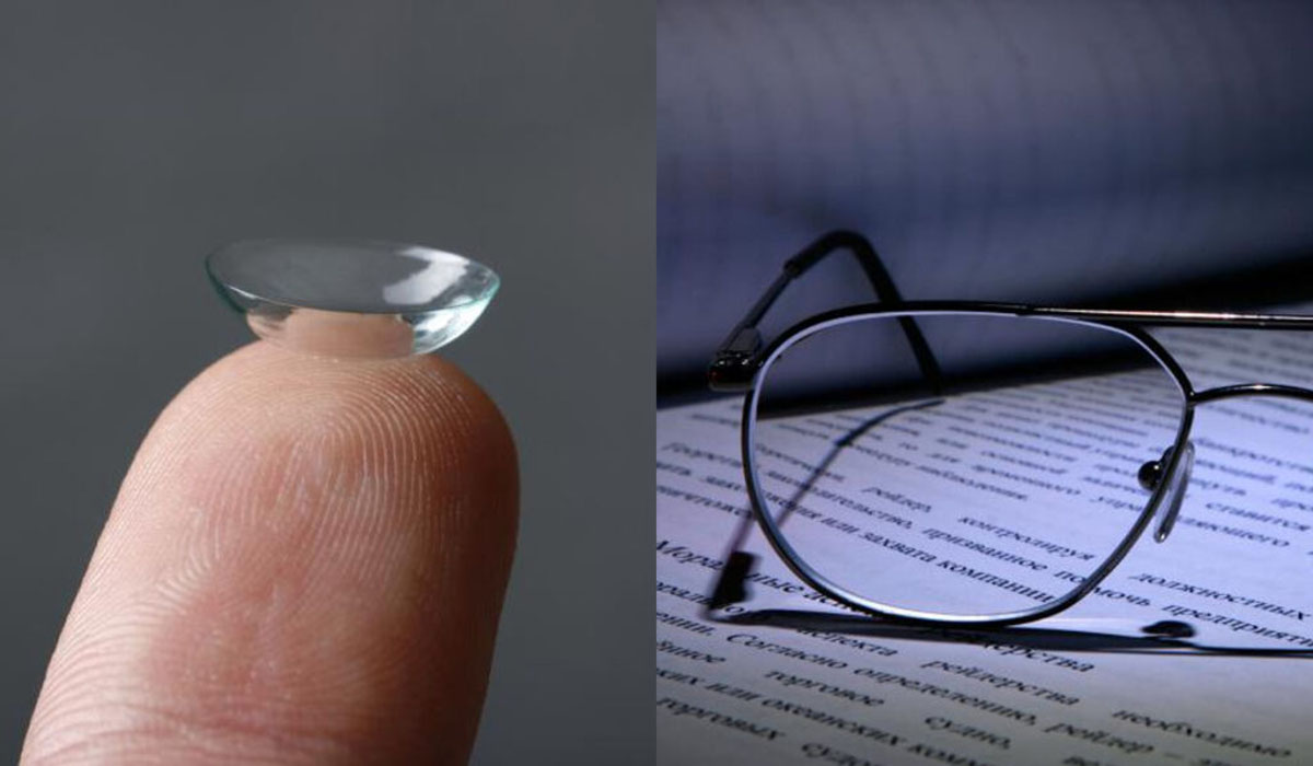 an image of contact lenses on the left and glasses on the right