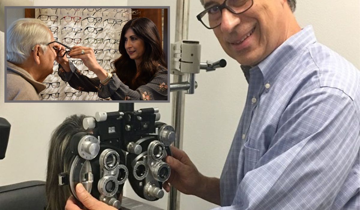 Optometrists, Ophthalmologists, and Orthoptists: A photo collage showing an eye doctor conducting an eye exam and another professional helping a patient choose glasses, illustrating the differences between various eye care specialists.