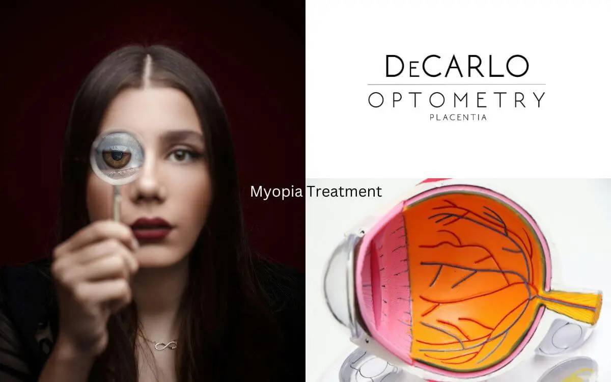 A woman holding a magnifying glass over her eye to illustrate Myopia Treatment, accompanied by an anatomical illustration of the eye and the DeCarlo Optometry logo.