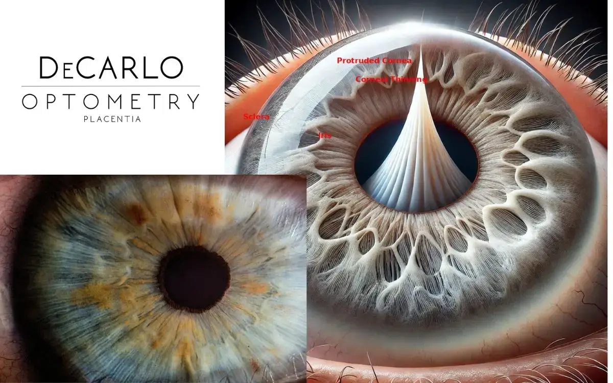 Detailed view of an eye with corneal thinning, highlighting the causes of Keratoconus and its effect on the cornea structure.