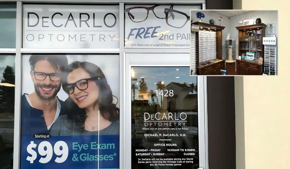 DeCarlo Optometry storefront showcasing designer eyeglass frames and services tailored to various face shapes.