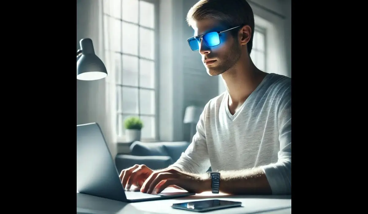 A professional working on a laptop while wearing blue light glasses to alleviate dry eyes caused by prolonged screen exposure.