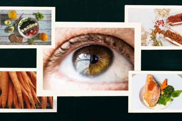 A vibrant collage showcasing natural foods alongside a human eye, emphasizing dietary solutions to manage dry eyes.