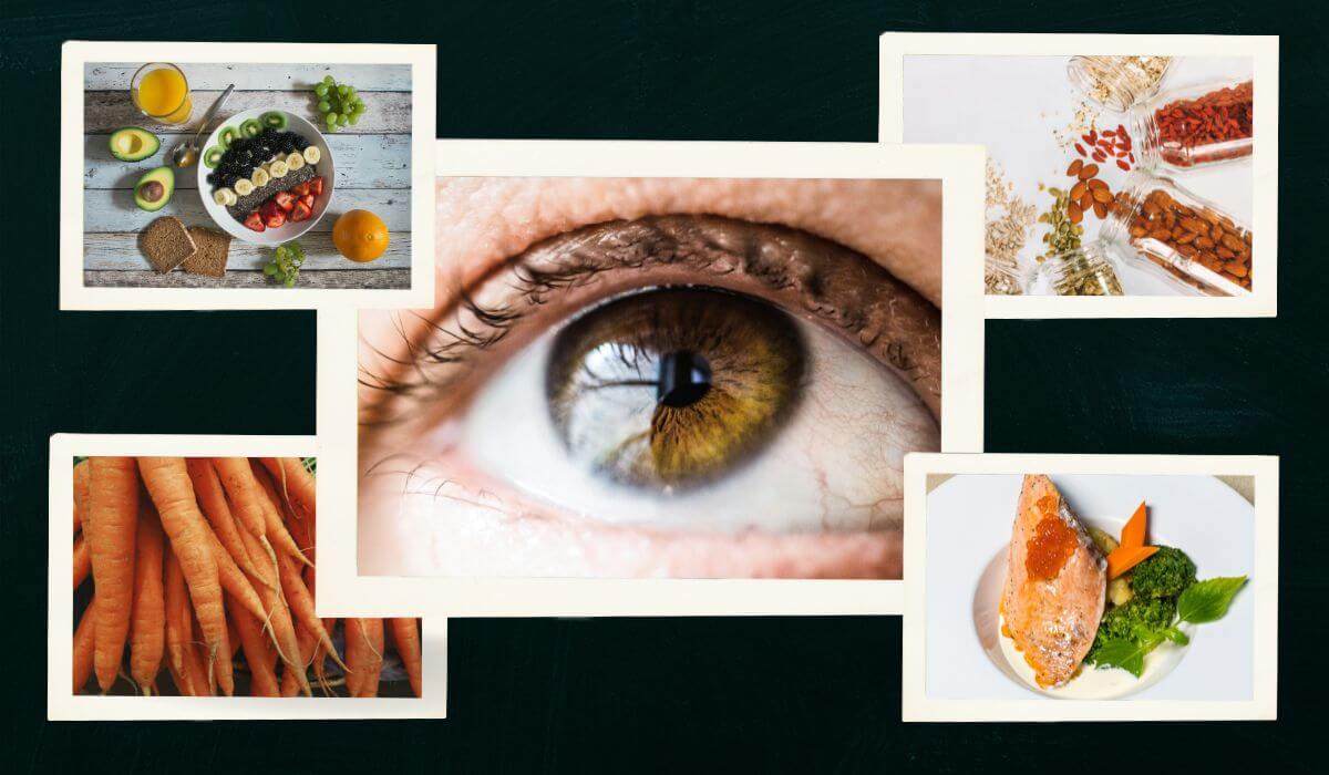 A vibrant collage showcasing natural foods alongside a human eye, emphasizing dietary solutions to manage dry eyes.