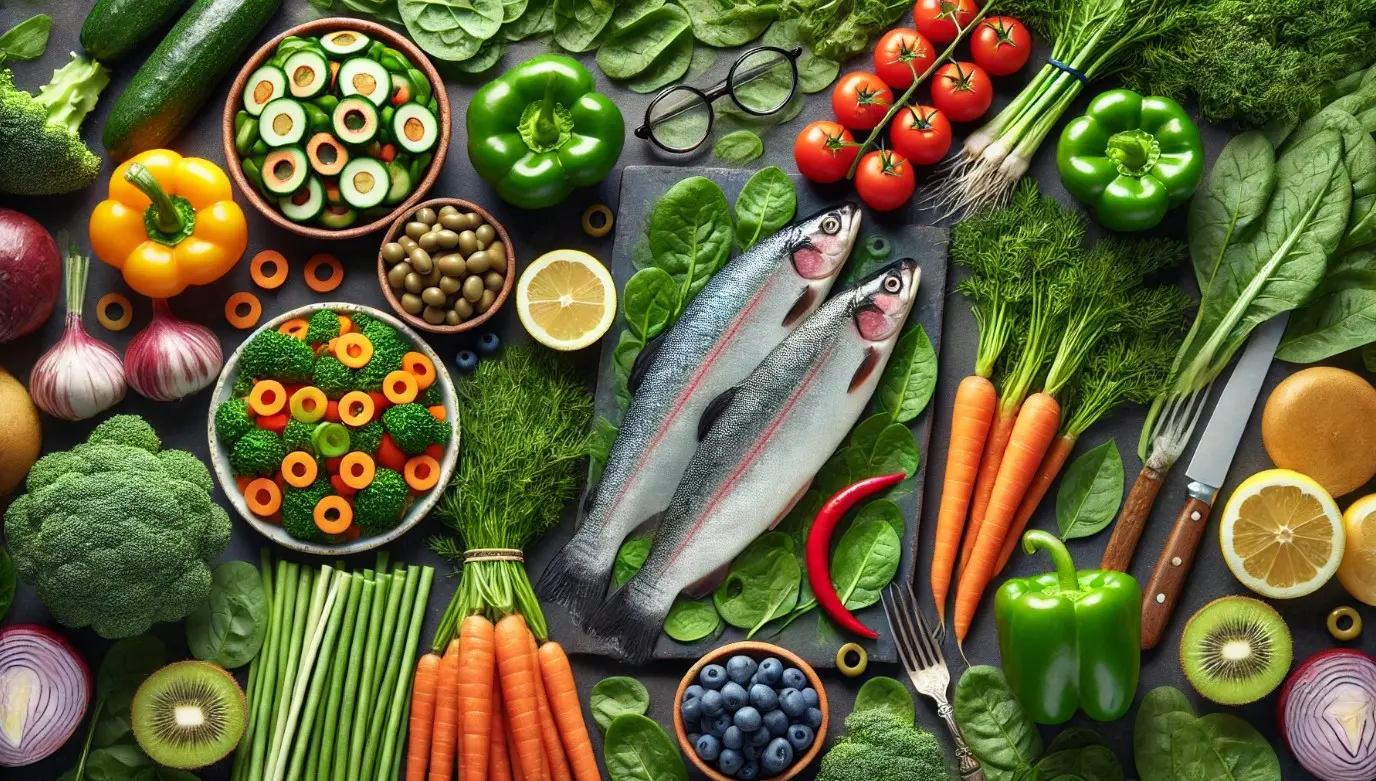 Colorful display of fresh vegetables and fish promoting healthy diet for natural myopia control strategies.