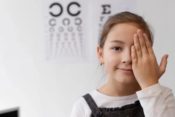 Child undergoing vision test to ensure pediatric eye health with eye chart in the background at clinic.