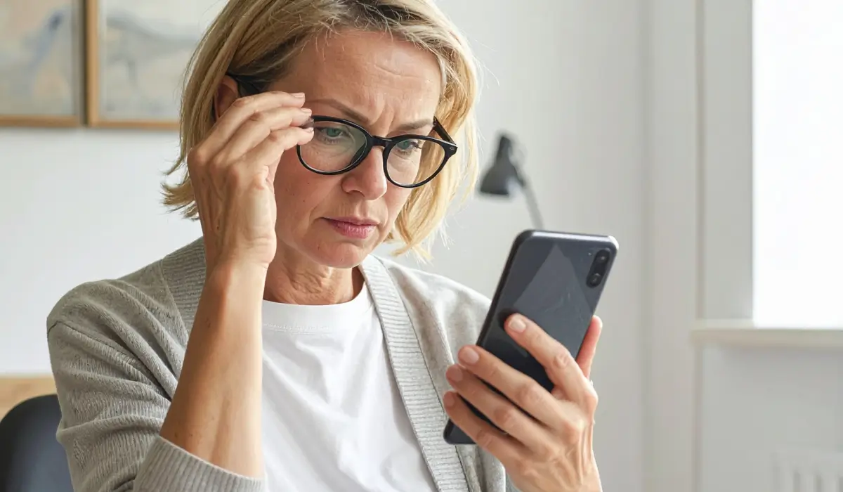 Woman adjusting her new glasses while struggling to focus on her phone, showing signs of vision strain.