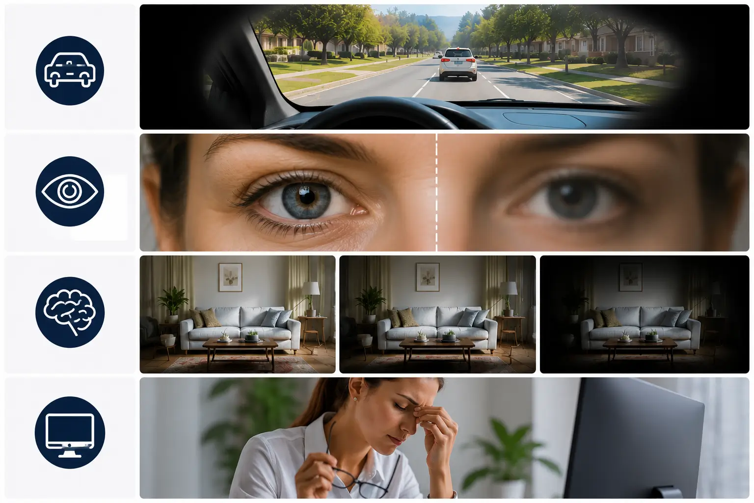 Medical infographic illustrating early signs of glaucoma including side vision loss while driving, uneven vision between eyes, gradual visual adaptation, and eye strain mistaken for screen fatigue.