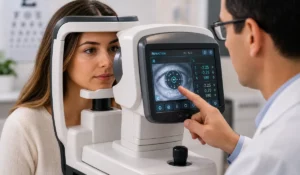 Is LASIK right for you consultation showing optometrist explaining eye scan results during vision evaluation process.