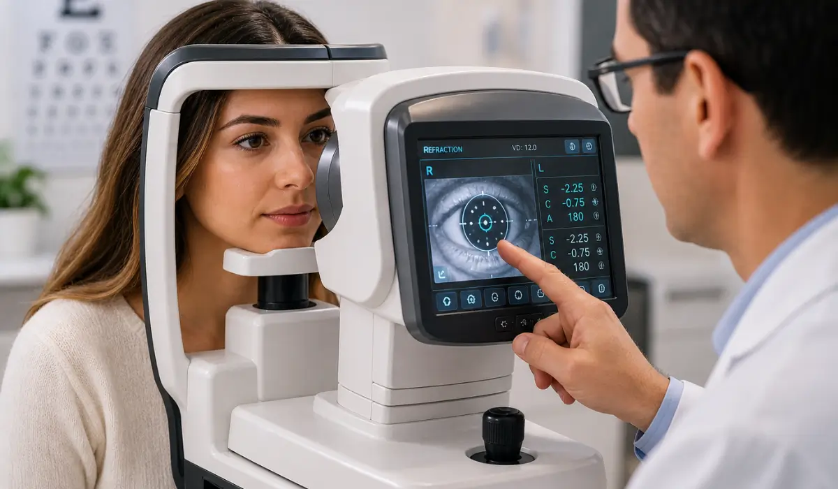 Is LASIK right for you consultation showing optometrist explaining eye scan results during vision evaluation process.