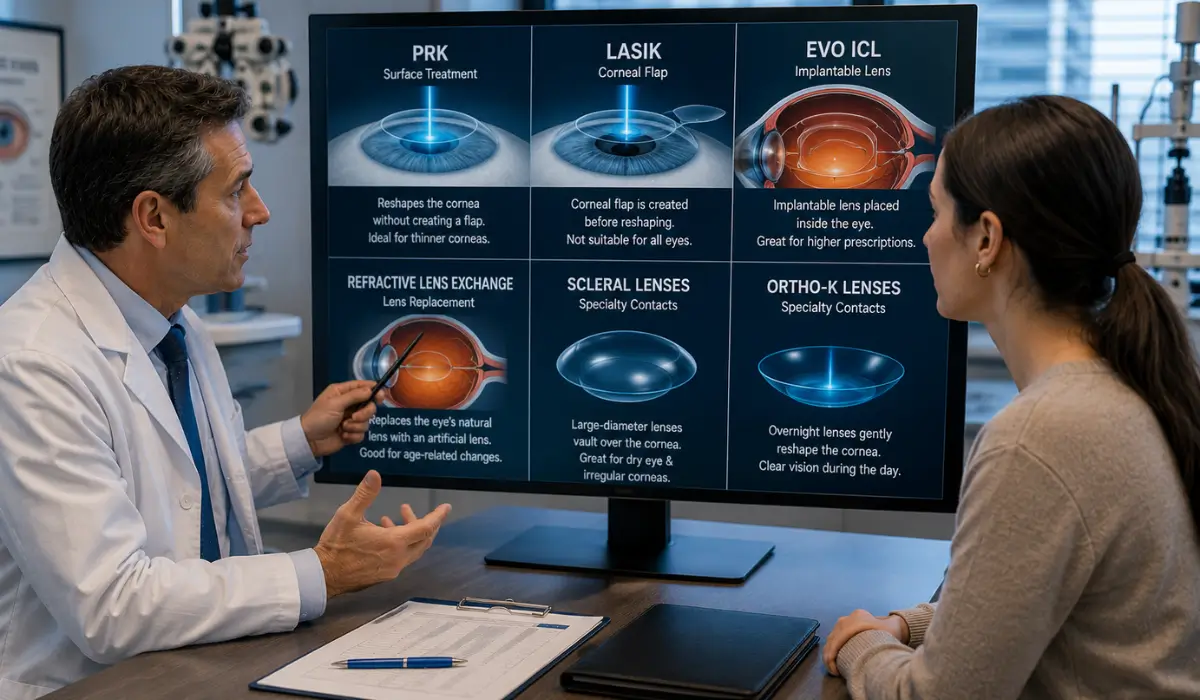 Eye doctor explaining LASIK alternatives and helping a patient decide is LASIK right for you, including PRK, EVO ICL, refractive lens exchange, scleral lenses, and Ortho-K options during an eye consultation.