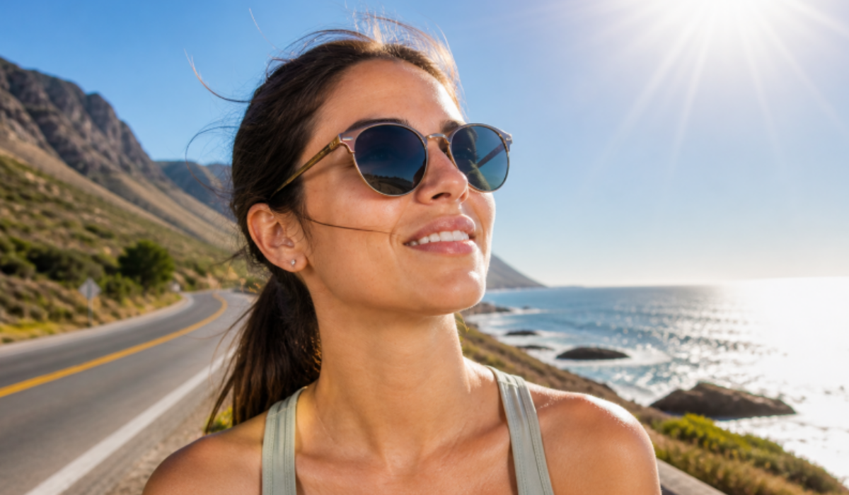 UV Damage and Sunglasses showing woman outdoors in bright sunlight wearing lenses with strong sun exposure risk.