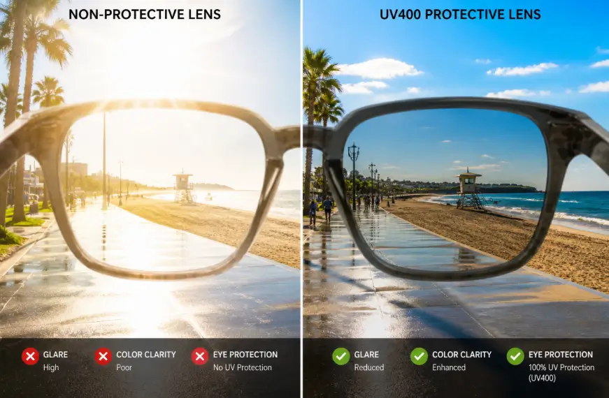 UV Damage and Sunglasses comparison showing non-protective lens glare versus UV400 sunglasses with clearer protected vision.