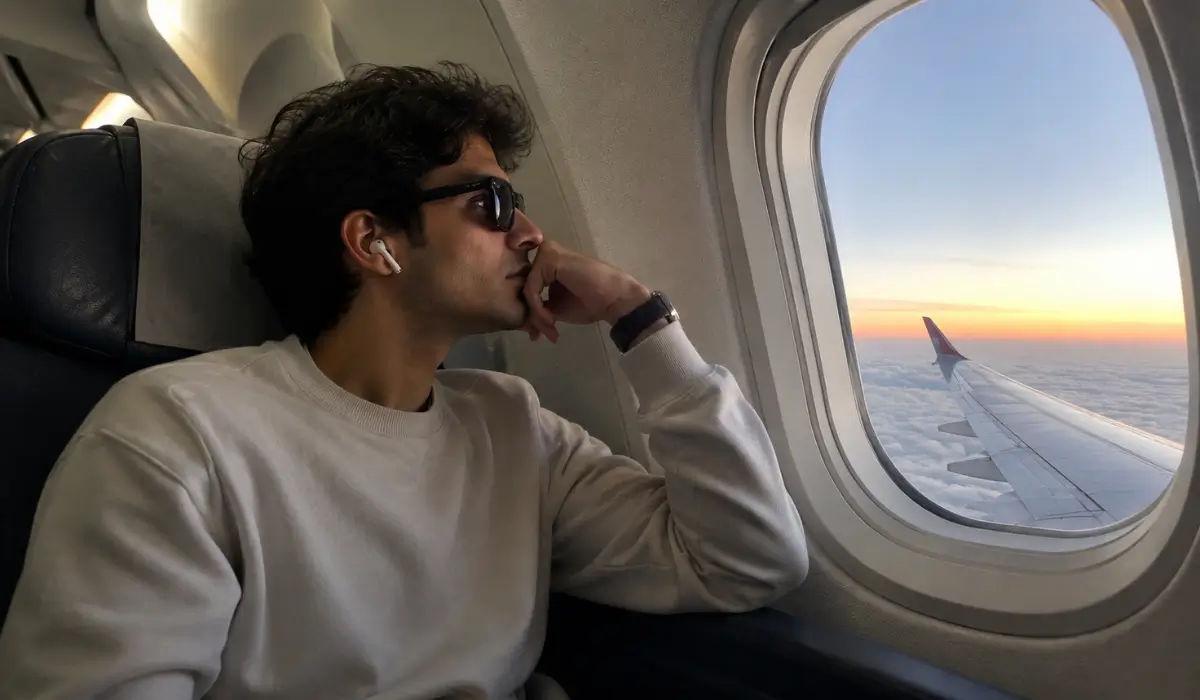 Travel Eye Care Tips showing traveler wearing sunglasses during summer flight with airplane window view.