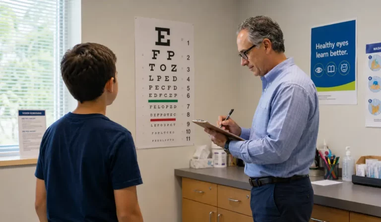 Child completing a school vision screening during the Back-to-School Screen Time season.