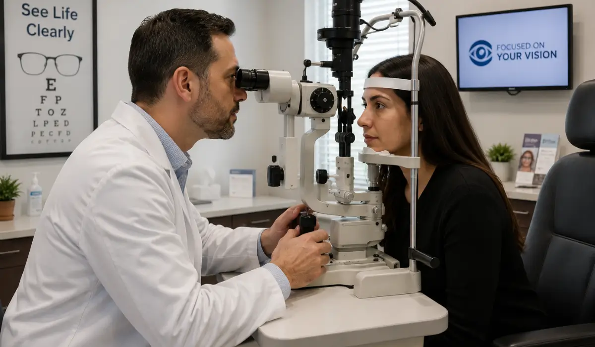 Comprehensive Eye Exam showing an eye care professional examining a patient’s eyes with slit lamp equipment