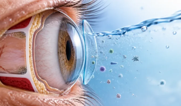Medical illustration showing waterborne microorganisms reaching the cornea while swimming with contact lenses.