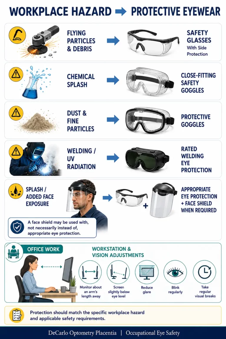 Occupational Eye Safety graphic matching workplace hazards with safety glasses, goggles, face shields, and office adjustments.