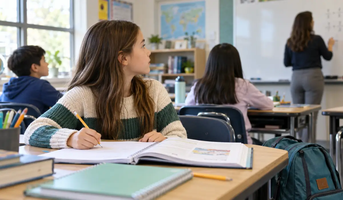 Student completing a vision checklist classroom activity while looking from her workbook toward the classroom board.