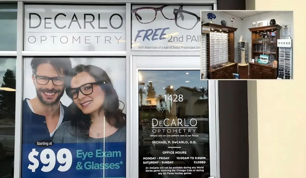 DeCarlo Optometry storefront showcasing designer eyeglass frames and services tailored to various face shapes.